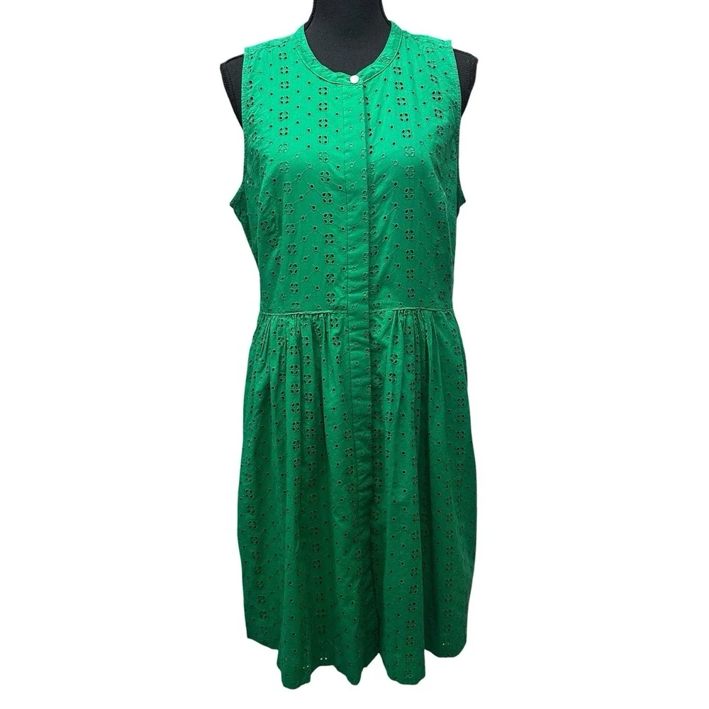 J. Crew Kelly Green Eyelet Sleeveless Cotton Midi‎ Shirt Dress Womens L